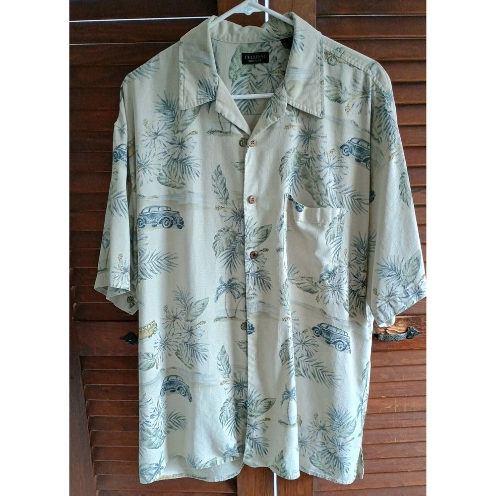 Cellinni Men's Hawaiian Shirt XXL Pastel Yellow Blue 100% Silk Havana Vacation‎